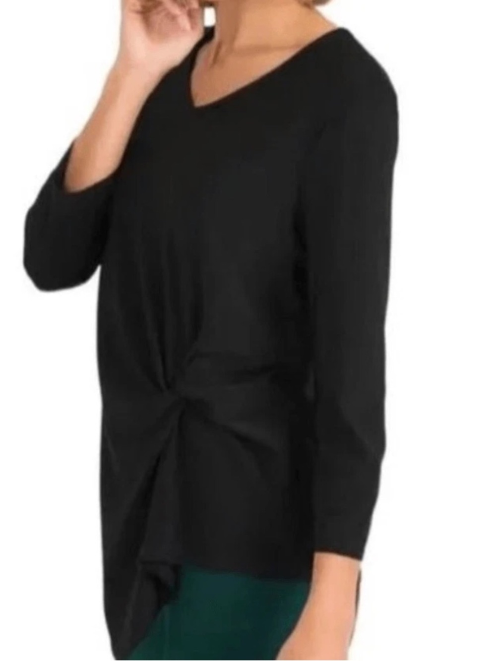 Joseph Ribkoff Blouse Women 16 Black Knot-Front Asymmetric 3/4 Sleeve - Picture 2 of 9